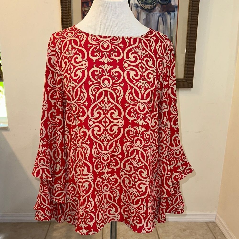 NWOT Worthington Red/Gold Patterned Ruffle Sleeve Women's Top Size Medium